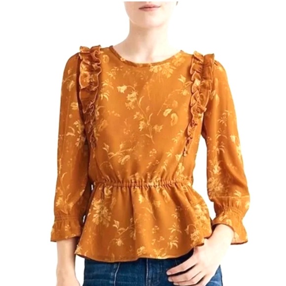 MADEWEL Ruffle Peplum Top Blouse  Yellow Floral NWT SZ S NEW - Picture 1 of 12